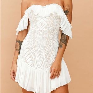 Saints and Secrets white lace off the shoulder dress bouquet toss bridal Vici